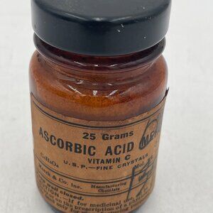 25 Grams Vintage Merck Ascorbic Acid Glass Bottle Label Lid Vitamin C USP